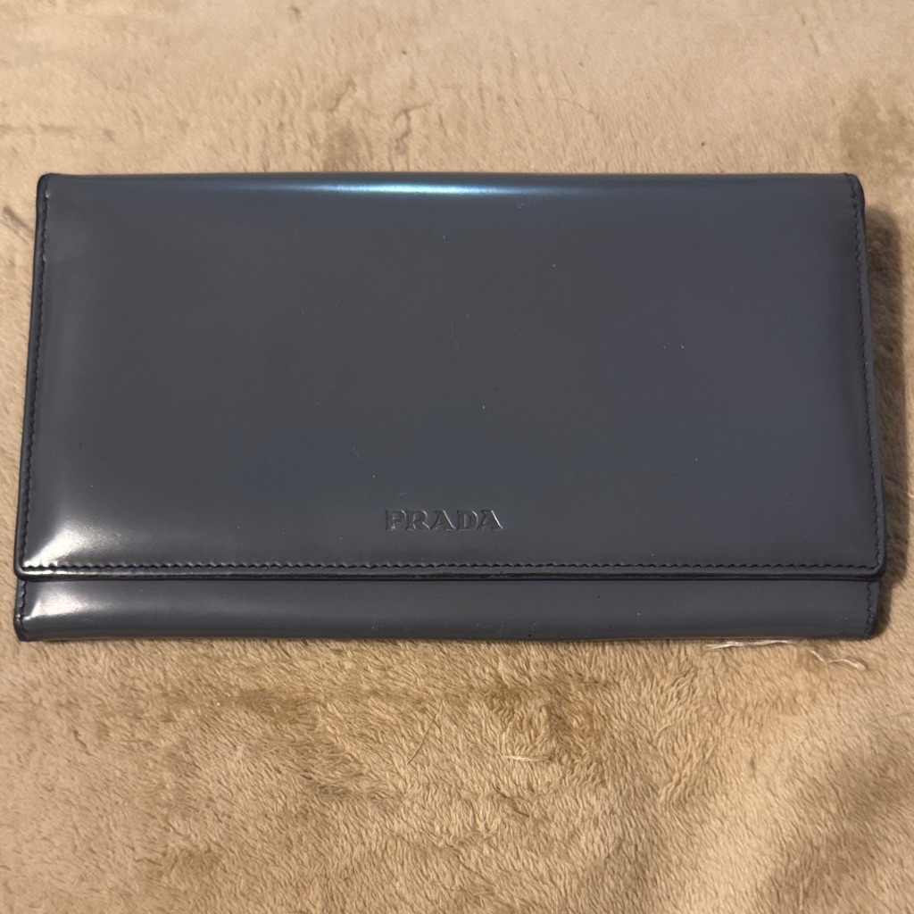 Prada Blue Grey Patent Leather Double Snap Long Wallet Like New